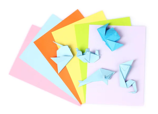 Origami azul sobre papel brillante, aislado sobre blanco — Foto de Stock