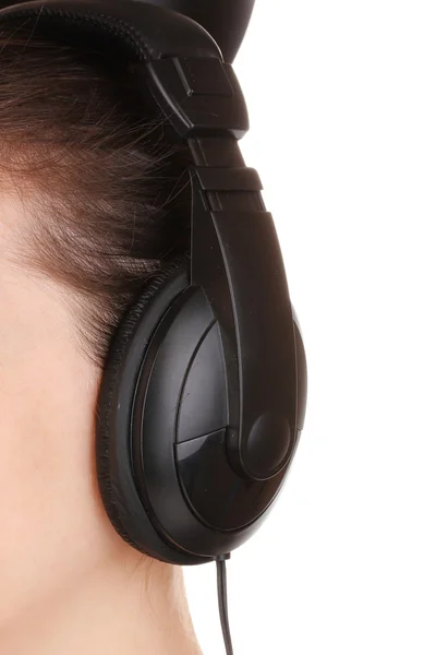 Oído humano con auricular primer plano aislado en blanco — Foto de Stock