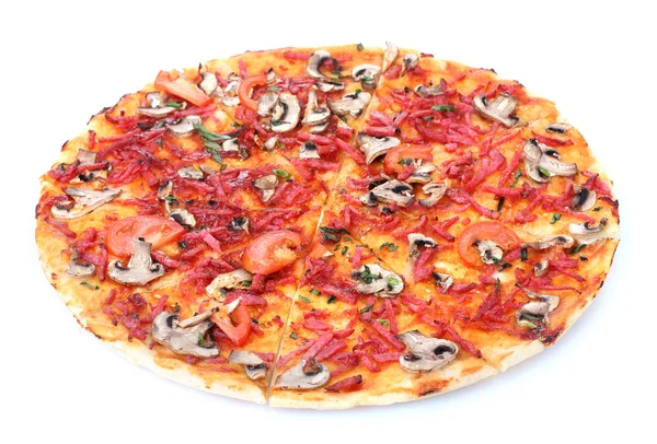 맛 있는 피자 흰색 절연 살라미와 야채 — 스톡 사진