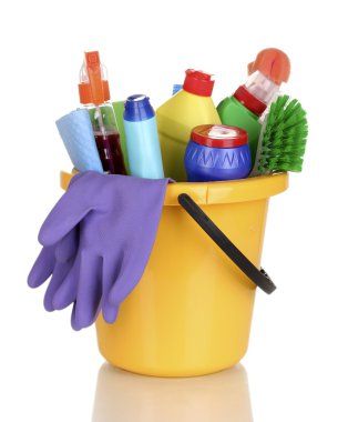 Cleaning items in bucket isolated on white clipart