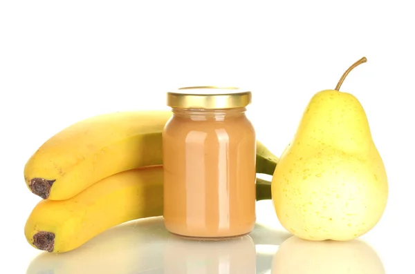 Jar with fruit baby food isolated on white — Stock Photo, Image