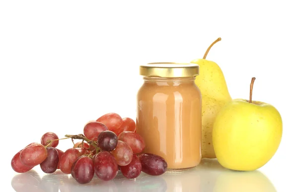 Джар з фруктами дитяче харчування та фрукти ізольовані на білому — стокове фото