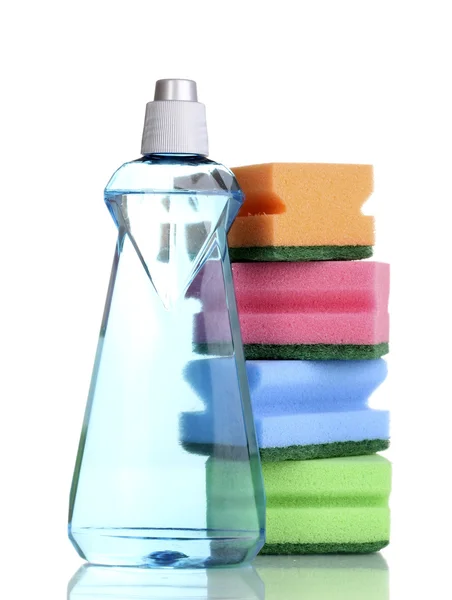 Dishwashing liquid and sponges isolated on white — Stock Photo, Image