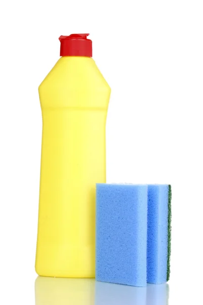 Dishwashing liquid and sponge isolated on white — Stock Photo, Image