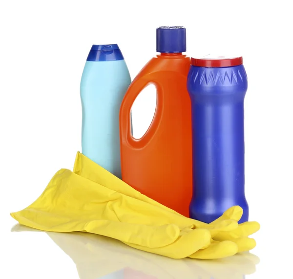 Cleaning items and gloves isolated on white — Stock Photo, Image