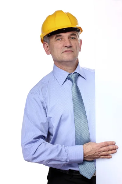 Uomo architetto con casco isolato su bianco — Foto Stock