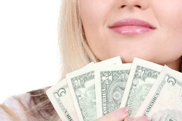 Mulher de negócios segurando dinheiro closeup — Fotografia de Stock