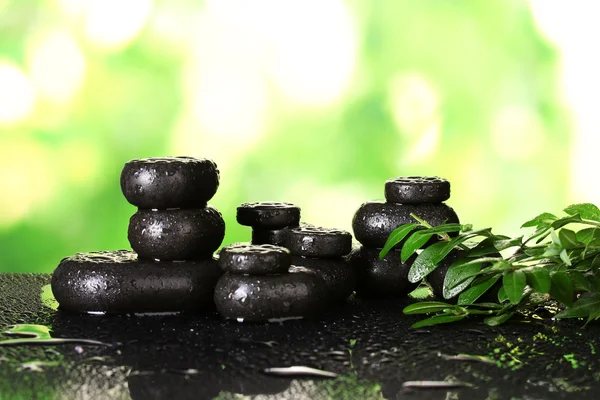 Composição de pedras de spa e vegetação sobre fundo verde brilhante — Fotografia de Stock