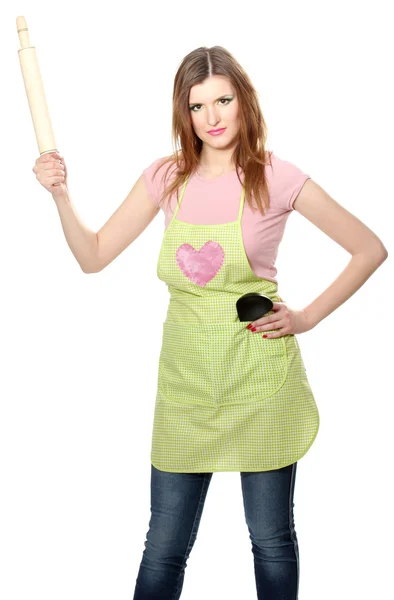 Beautiful young housewife with rolling pin isolated on white — Stock Photo, Image
