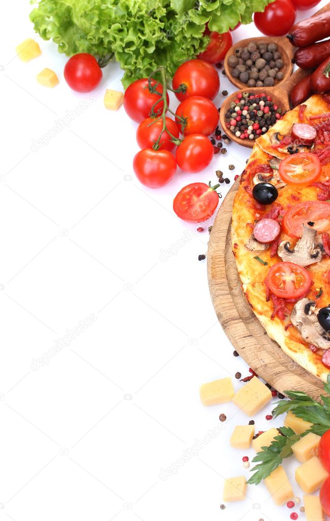 Delicious pizza, vegetables and salami isolated on white