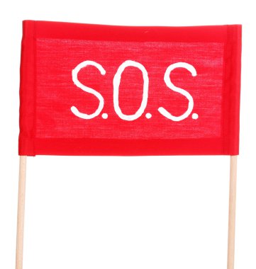 SOS signal written on red cloth isolated on white clipart