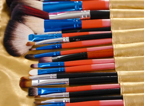 Conjunto de pincéis de maquiagem na caixa de couro dourado de perto — Fotografia de Stock