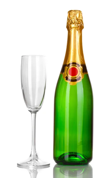 Garrafa de champanhe e cálice isolada em branco — Fotografia de Stock