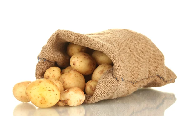 Batatas jovens em um saco isolado em close-up branco — Fotografia de Stock