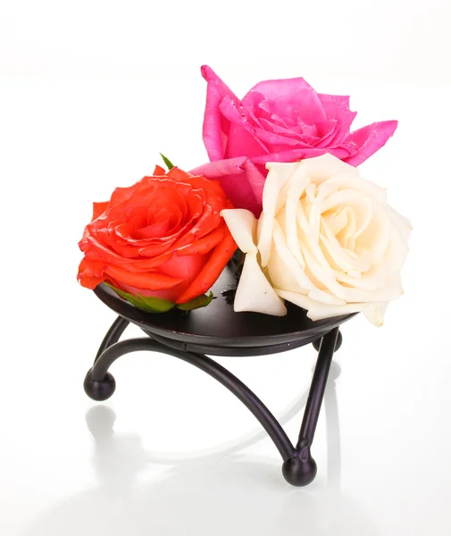 Beautiful rose on metal stand isolated on white — Stock Photo, Image