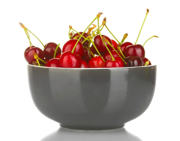 Sweet cherry in grey bowl isolated on white — Stock Photo, Image