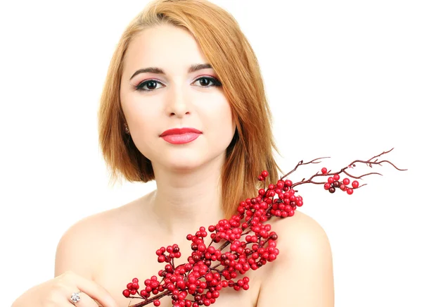 漂亮的女人和红色浆果的肖像 — 图库照片