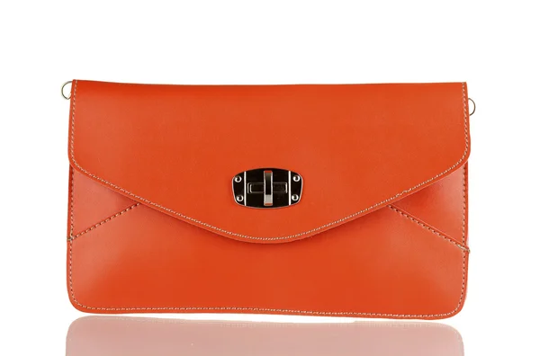 Krásná oranžová kožená taška žena izolované na bílém — Stock fotografie