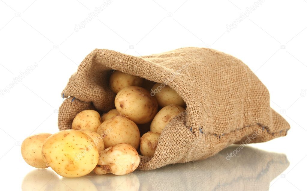 Young potatoes in a sack isolated on white close-up