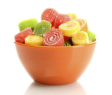 Colorful jelly candies in bowl isolated on white clipart