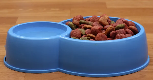 건조 한 개밥 및 바닥에 파란색 그릇에 물 — 스톡 사진