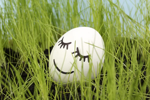 White egg with funny face in green grass — Stock Photo, Image