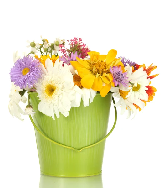 Beautiful bouquet of bright wildflowers in green metal bucket, isolated on white — Stock Photo, Image