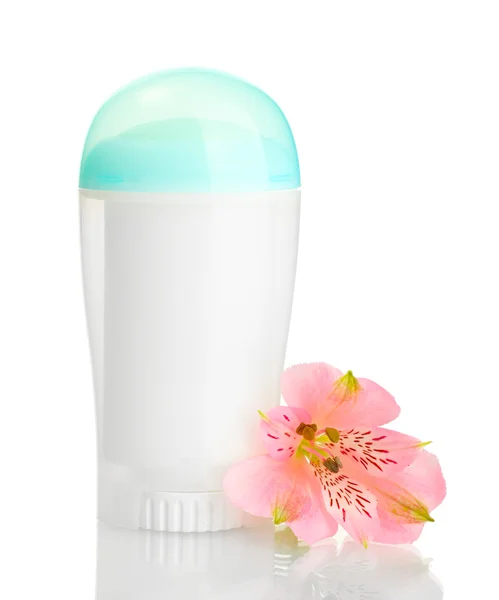 Desodorizante com flor isolada em branco — Fotografia de Stock
