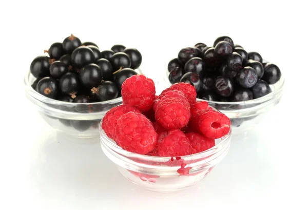 Fresh berries in transparent bowls isolated on white — Stock Photo, Image