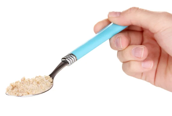 Zahăr brun în lingură metalică izolat pe alb — Fotografie, imagine de stoc
