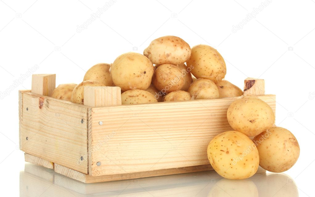 Young potatoes in a wooden box isolated on white close-up