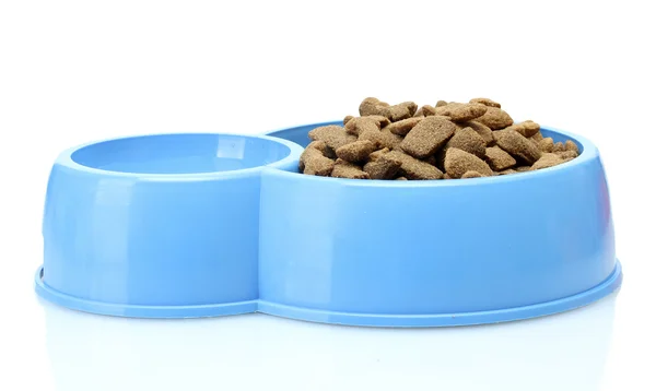 Cibo secco per cani e acqua in ciotola blu isolato su bianco — Foto Stock