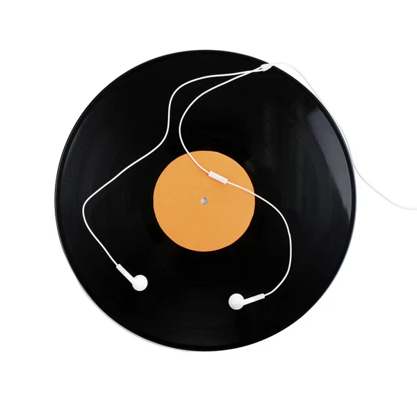 Grabación de vinilo negro y auriculares aislados en blanco — Foto de Stock