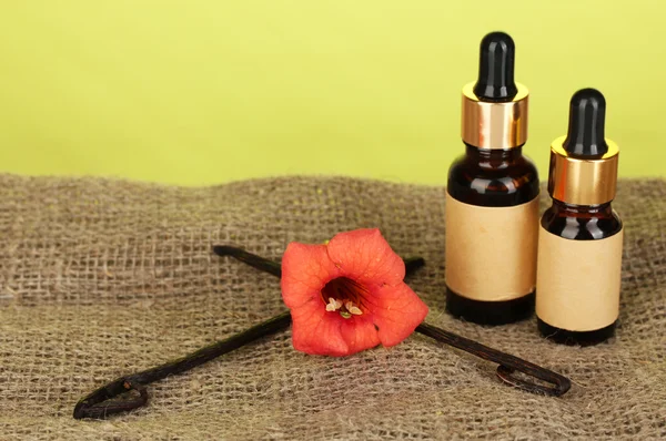 Cialde alla vaniglia con olio essenziale su sfondo colorato — Foto Stock