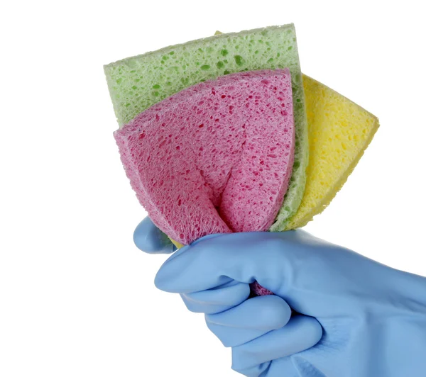 Gloved hand with colorful sponges on white — Stock Photo, Image