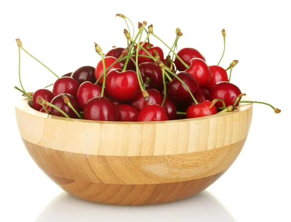 Cherry in wooden bowl isolated on white — Stock Photo, Image