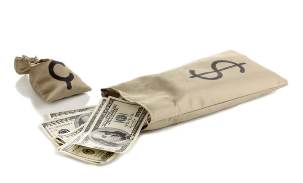 Beyaz izole para ile çanta — Stok fotoğraf