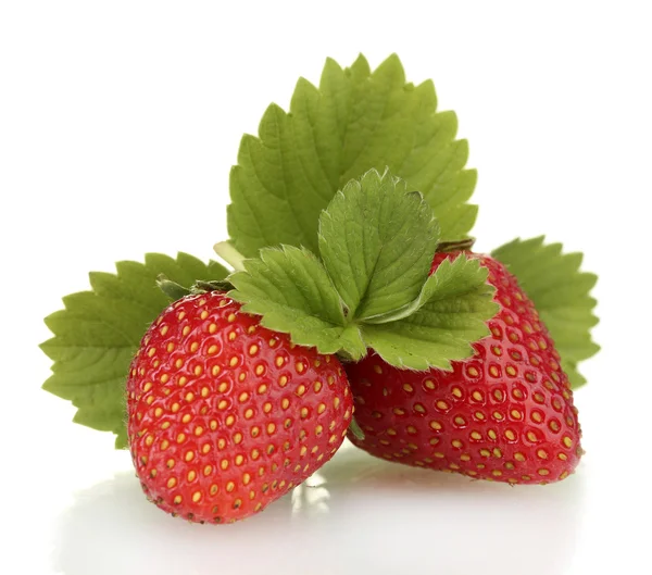 Sweet ripe strawberries with leaves isolated on white — Stock Photo, Image