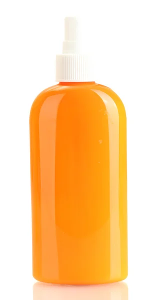 Fles met zonneproducten crème geïsoleerd op wit — Stockfoto