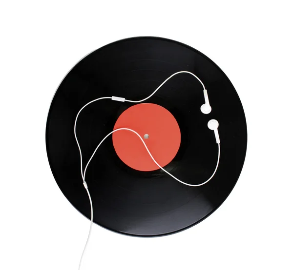 黒のビニール レコードと白で隔離されるヘッドフォン — ストック写真
