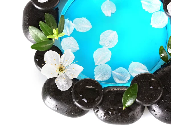 Composição de pedras de spa, água azul, pétalas e folhas isoladas em close-up branco — Fotografia de Stock