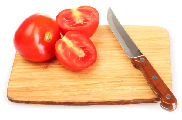 stock image Ripe red tomatoes and knife on cutting board isolated on white