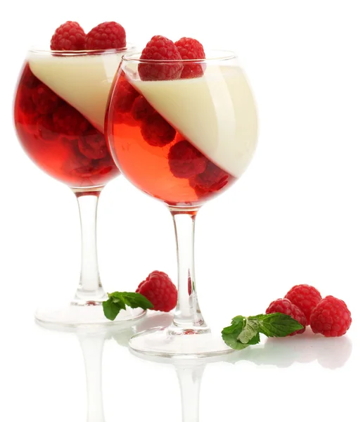 Jalea de frutas con frambuesas en vasos aislados en blanco —  Fotos de Stock