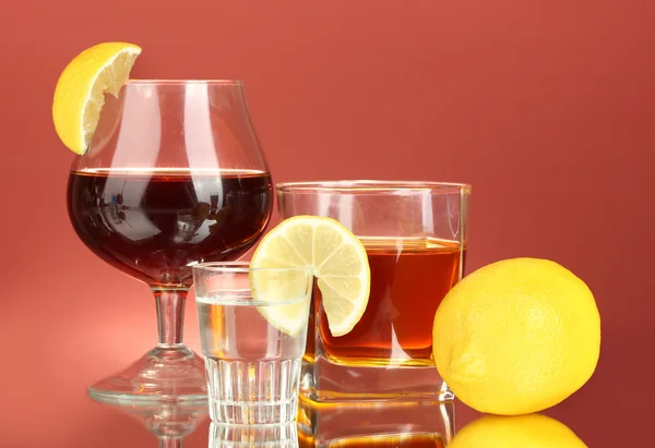 Eine Vielzahl alkoholischer Getränke auf rotem Hintergrund — Stockfoto