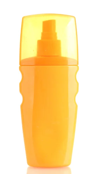 Fles met zonneproducten crème geïsoleerd op wit — Stockfoto