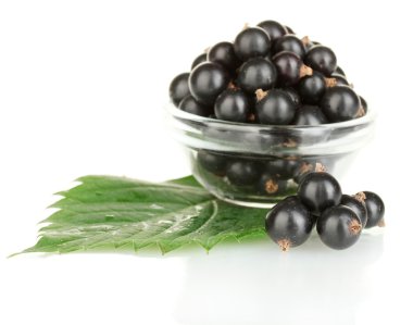 Fresh black currant in transparent bowl isolated on white