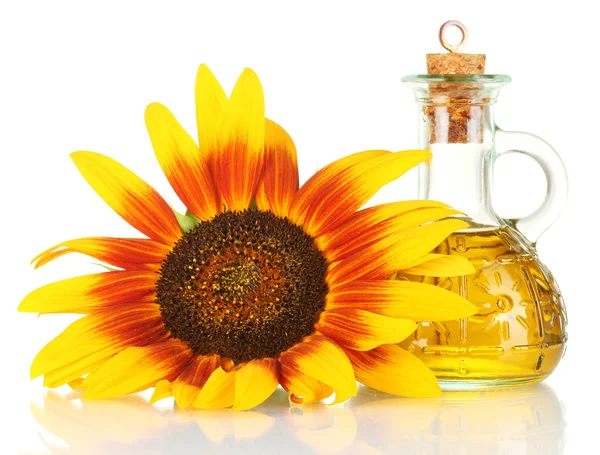Sunflower oil and sunflower isolated on white — Stock Photo, Image