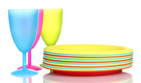 Utensílios de mesa de plástico brilhante isolados em branco — Fotografia de Stock