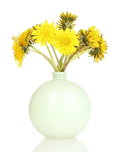 Dandelion flowers in vase isolated on white — Stock Photo, Image