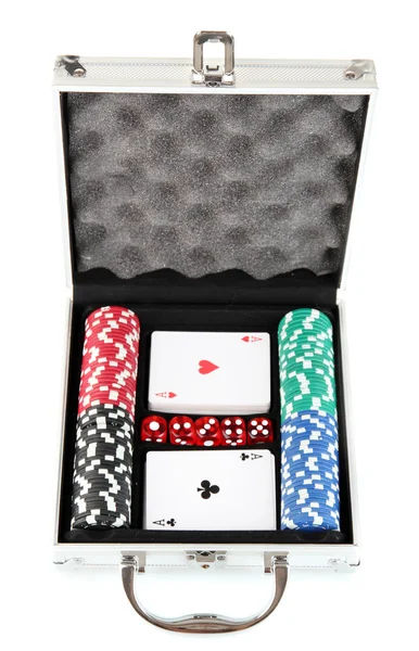 Juego de poker en estuche metálico aislado sobre fondo blanco — Foto de Stock